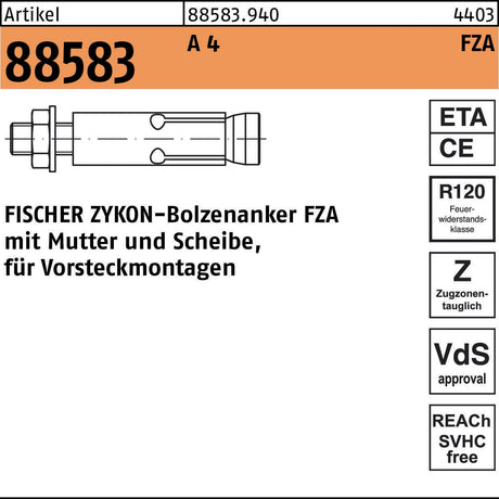 fischer ZYKON Bolzenanker FZA 12x50 M8/15 A4