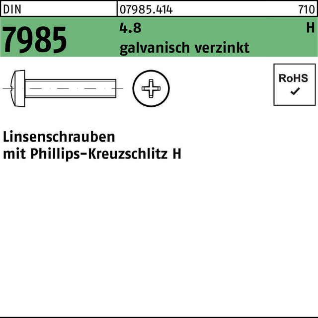 F. REYHER Linsenschraube DIN 7985 PH M3x40-H 4.8 galvanisch verzinkt
