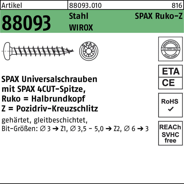 SPAX Universalschrauben Ruko-Z 6x25 mm WIROX Stahl – 500 Stück Senkschrauben