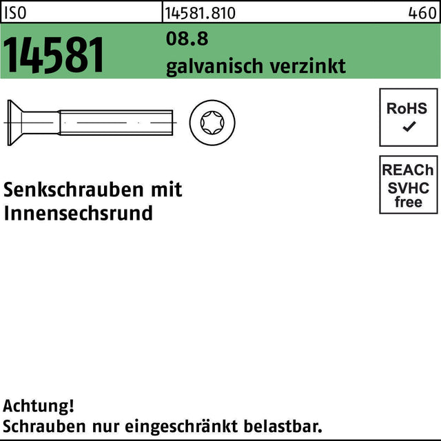 F. REYHER Senkschraube ISO 14581 ISR M4x8 T20 8.8 galvanisch verzinkt 500 Stück