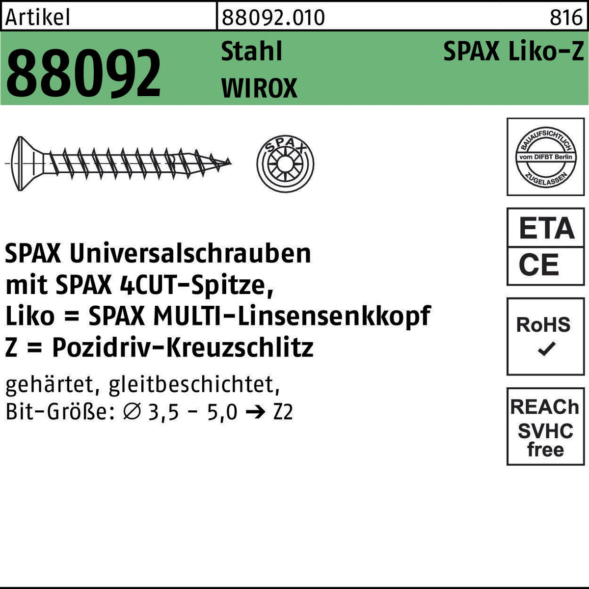 SPAX Liko-Z Universalschrauben 3,5x15 mm WIROX Stahl