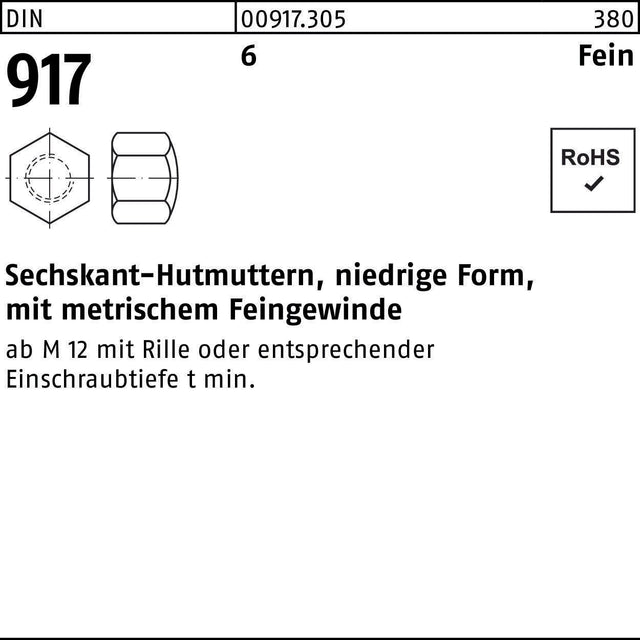 Sechskanthutmutter DIN 917 niedrige Form M8 x 1 von F. REYHER – 100 Stück