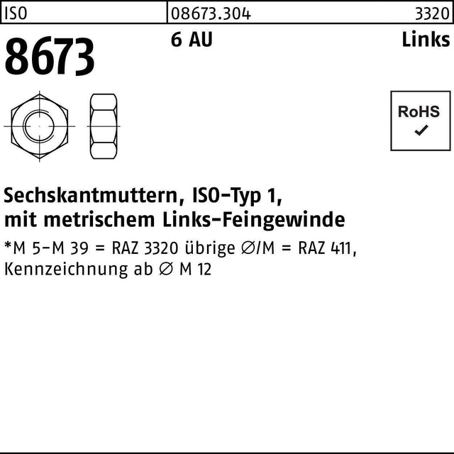 F. REYHER Sechskantmutter ISO 8673 Links M8x1 6 AU Automatenstahl 100 Stück