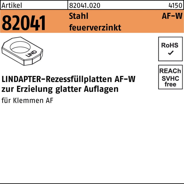 LINDAPTER Rezessfüllplatte R 82041 AFW M12 Stahl feuerverzinkt für glatte Auflagen