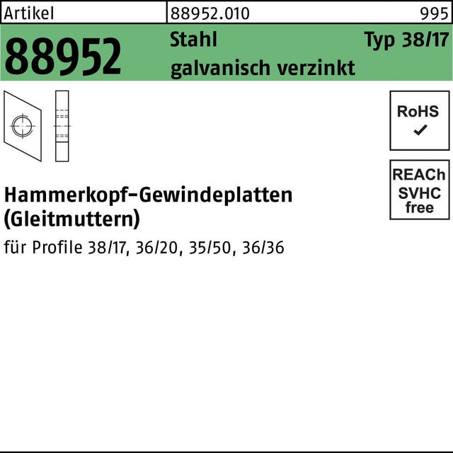 REYHER Hammerkopfgewindeplatte R 88952 Typ 38/17 M6 Stahl galvanisch verzinkt