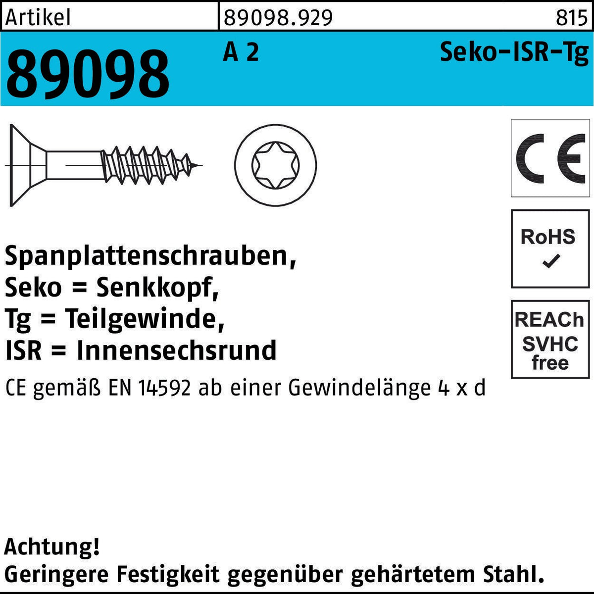 REYHER Seko-ISR-Tg Spanplattenschrauben 3,5 x 30 mm T10 A2 Edelstahl 1000 Stück