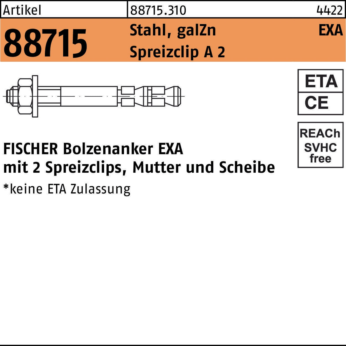 FISCHER Bolzenanker EXA 6/10 mit 2 Spreizclips, Mutter und Scheibe – 100 Stück