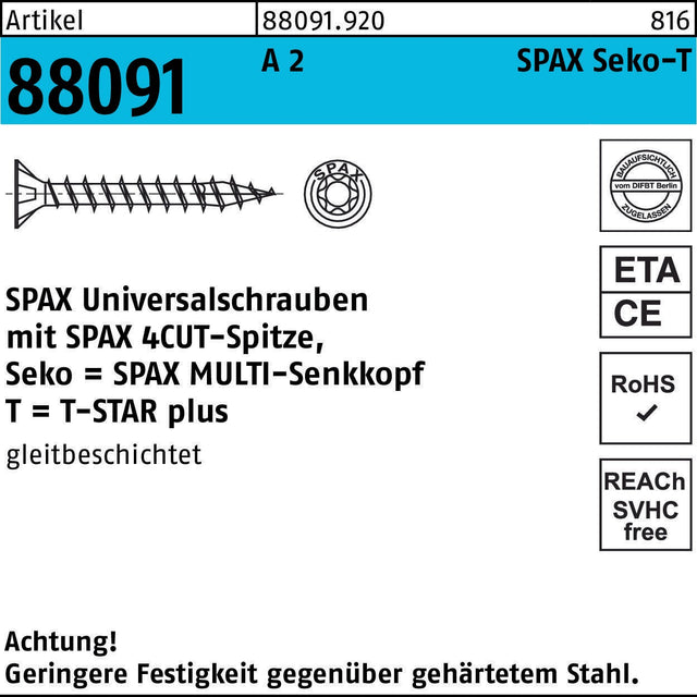 SPAX Seko-T Universalschrauben T-STAR 3x12 mm A2 Edelstahl 200 Stück