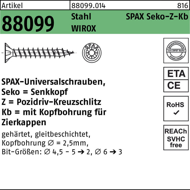 SPAX Seko-Z-Kb Spanplattenschraube 4,5x20 mm WIROX Pozidriv 1000 Stück