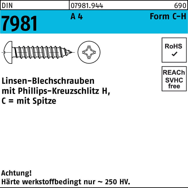 F. REYHER Linsen-Blechschrauben DIN 7981 A4 2,2x4,5 mm – 1000 Stück