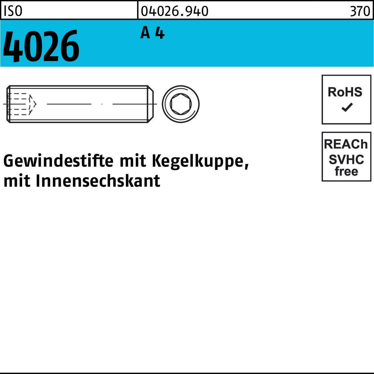 Gewindestift ISO 4026 M12x35 A4 Kegelkuppe Innensechskant 25 Stück von F. REYHER