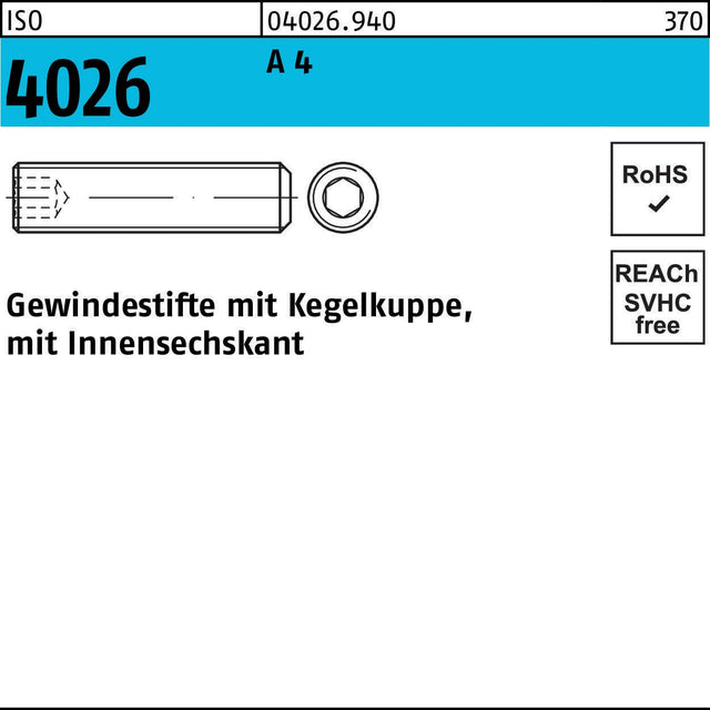 Gewindestift ISO 4026 M12x35 A4 Kegelkuppe Innensechskant 25 Stück von F. REYHER