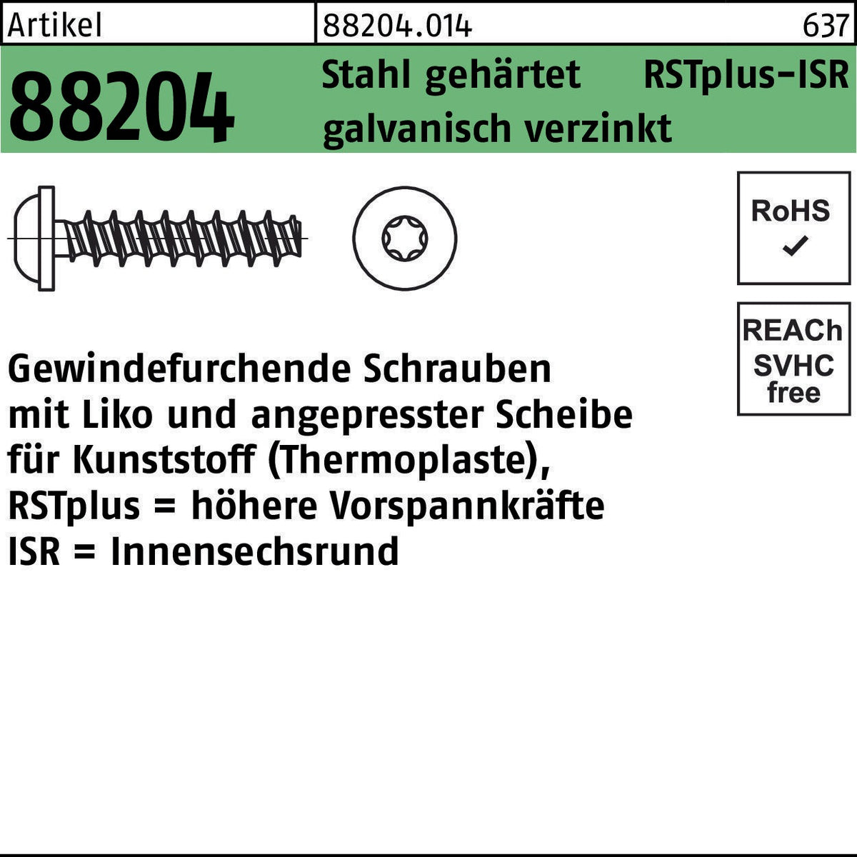 REYHER Gewindefurchendeschraube R 88204 Liko ISR 2,2x6-T6 Stahl gehärtet galvanisch verzinkt 1000 Stück
