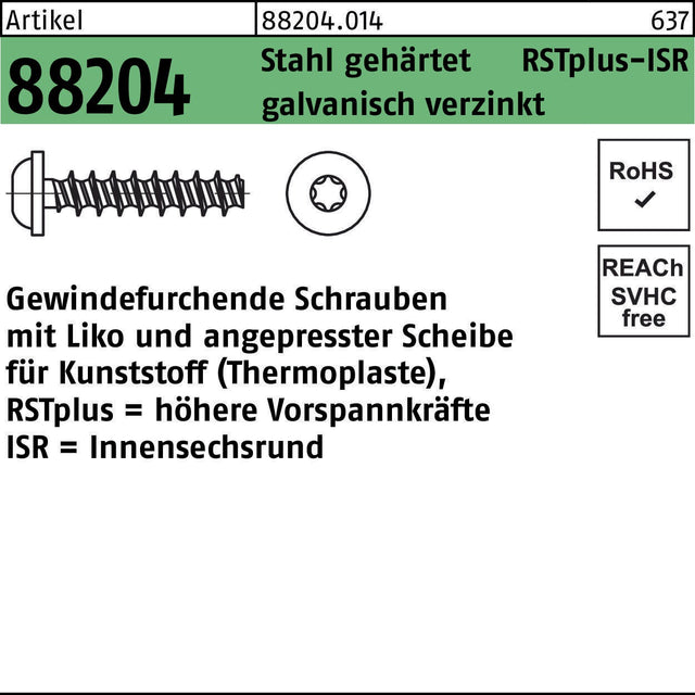 REYHER Gewindefurchendeschraube R 88204 Liko ISR 2,2x6-T6 Stahl gehärtet galvanisch verzinkt 1000 Stück