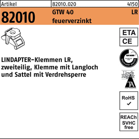 LINDAPTER Klemme R 82010 GTW 40 LR – M12/3-12, galvanisch verzinkt, zweiteilig