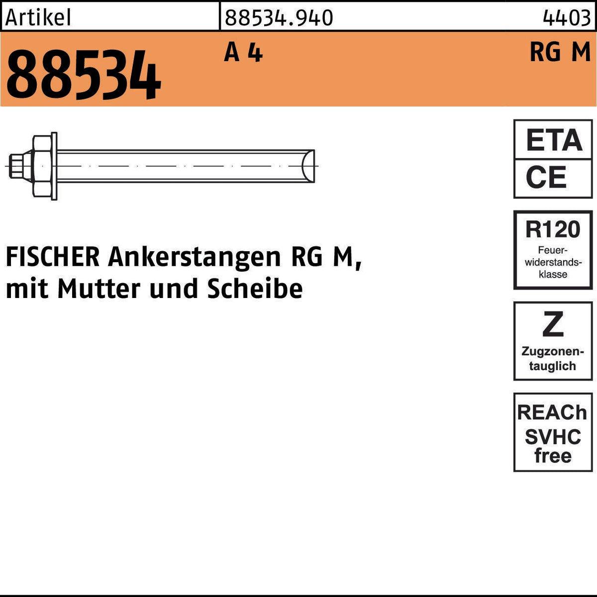 FISCHER Ankerstange RG M8x110 mm mit Mutter & Scheibe, Stahl verzinkt