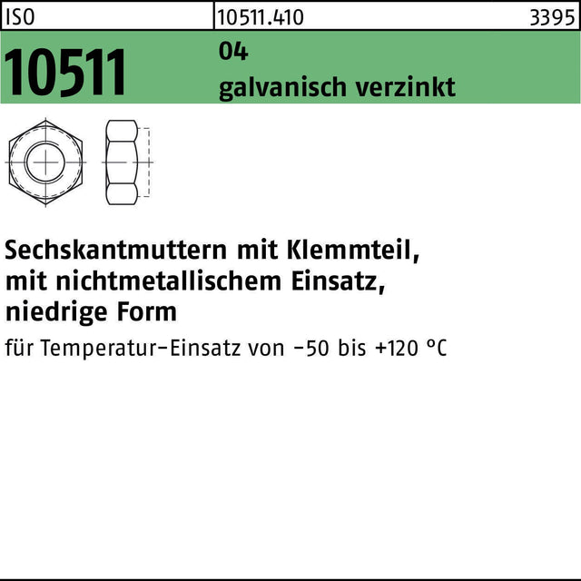 Sechskantmutter ISO 10511 mit Klemmteil M3 von F. REYHER – 1000 Stück, galvanisch verzinkt