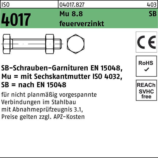 BUFAB Sechskantschraube ISO 4017 M8x16 8.8 feuerverzinkt mit Mutter