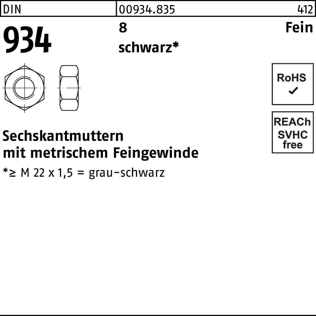 F. REYHER Sechskantmutter DIN 934 M8x1 Schwarz – 100 Stück Feinmetrisches Gewinde