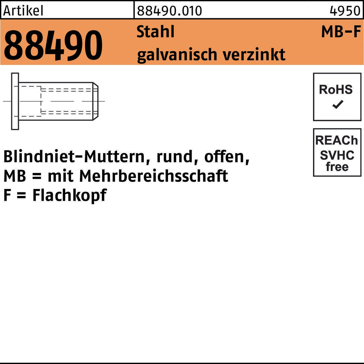 FLAKO Blindnietmutter R 88490 M4/0,5 Stahl verzinkt 500 Stück