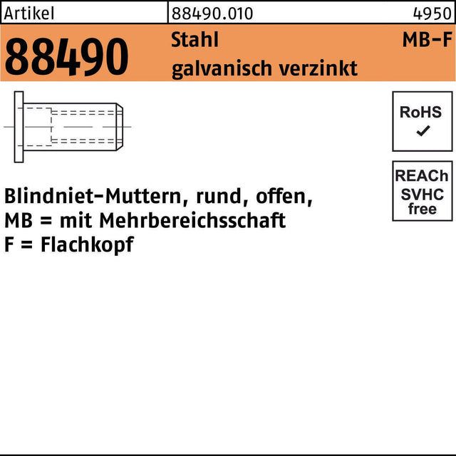 FLAKO Blindnietmutter R 88490 M4/0,5 Stahl verzinkt 500 Stück