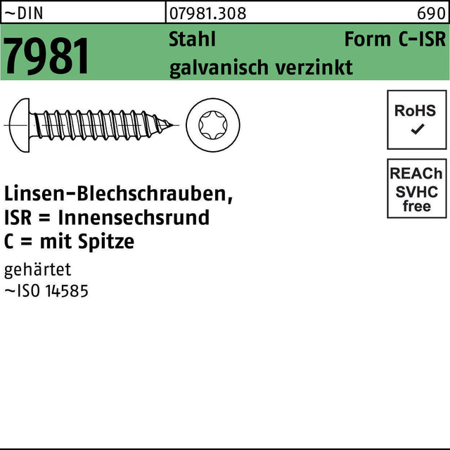 F. REYHER Linsen-Blechschraube DIN 7981 ISR 2,2x4,5 mm Stahl verzinkt 2000 Stück