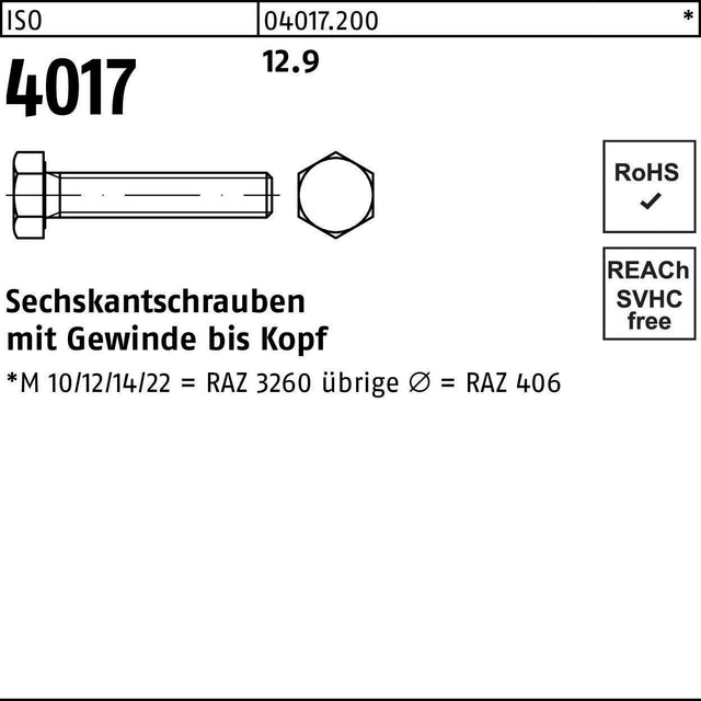 Sechskantschraube ISO 4017 VG M24x90 12.9 von BUFAB – 10 Stück, Gewinde bis Kopf