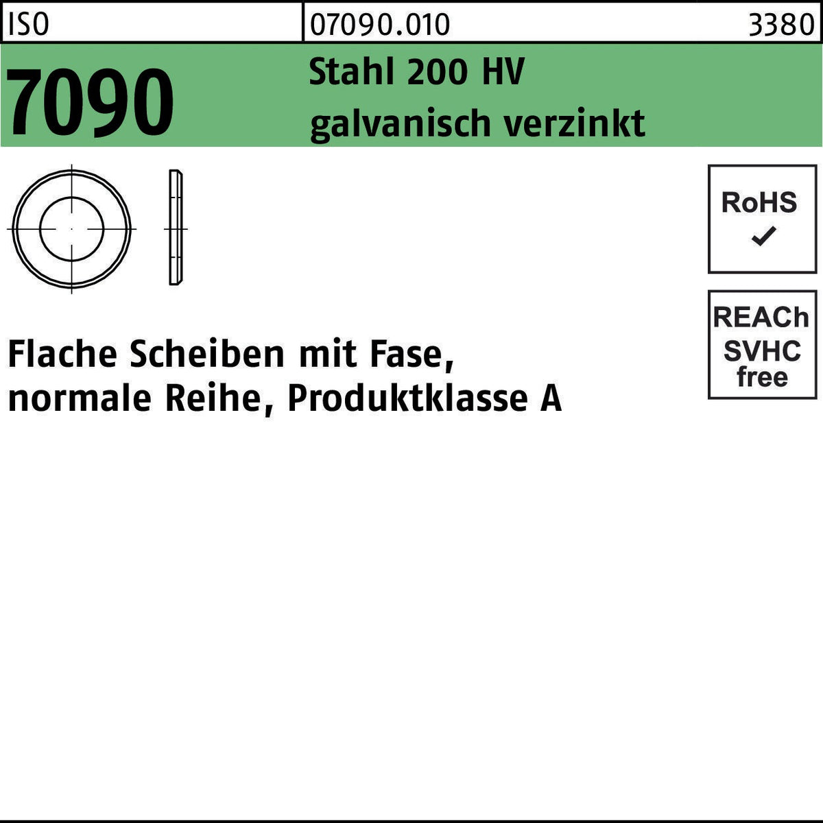 Unterlegscheibe ISO 7090 mit Fase 16 mm Stahl 200 HV galvanisch verzinkt 250 Stück