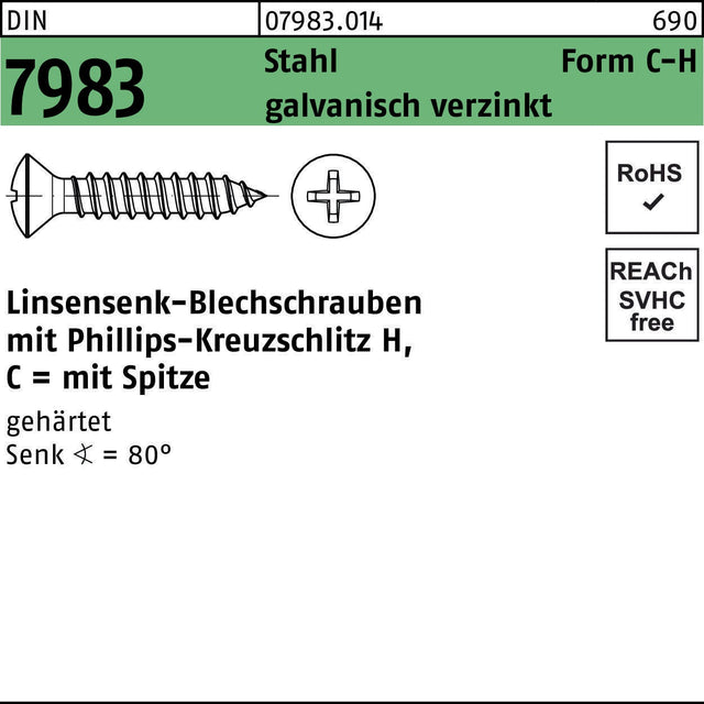 F. REYHER Linsensenkblechschraube DIN 7983 PH C 3,5x25-H Stahl gehärtet galvanisch verzinkt 500 Stück