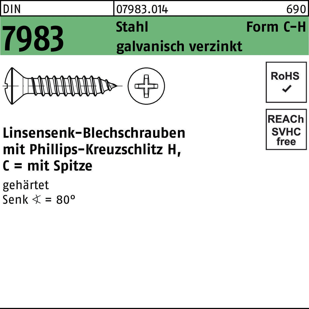 F. REYHER Linsensenkblechschraube DIN 7983 PH C 4,8x32-H Stahl gehärtet galvanisch verzinkt 250 Stück