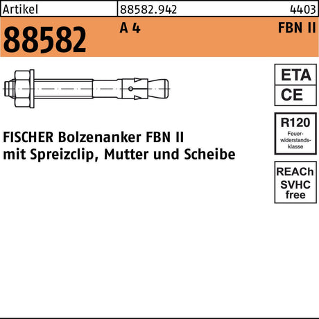 FISCHER Bolzenanker FBN II 6/10 A4 mit Spreizclip, Mutter & Scheibe – 100 Stück