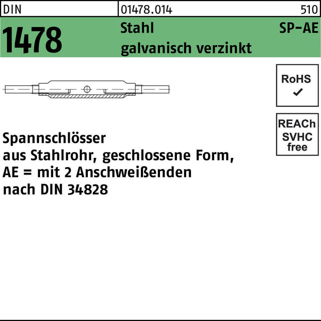 F. REYHER Spannschloss DIN 1478 geschlossen SP-AE M8 Stahl 3.6 galvanisch verzinkt