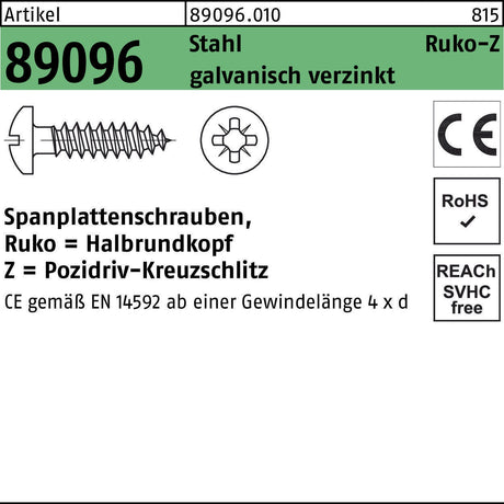 Spanplattenschrauben R 89096 HAKO PZ 6x100-Z Stahl galvanisch verzinkt 100 Stück