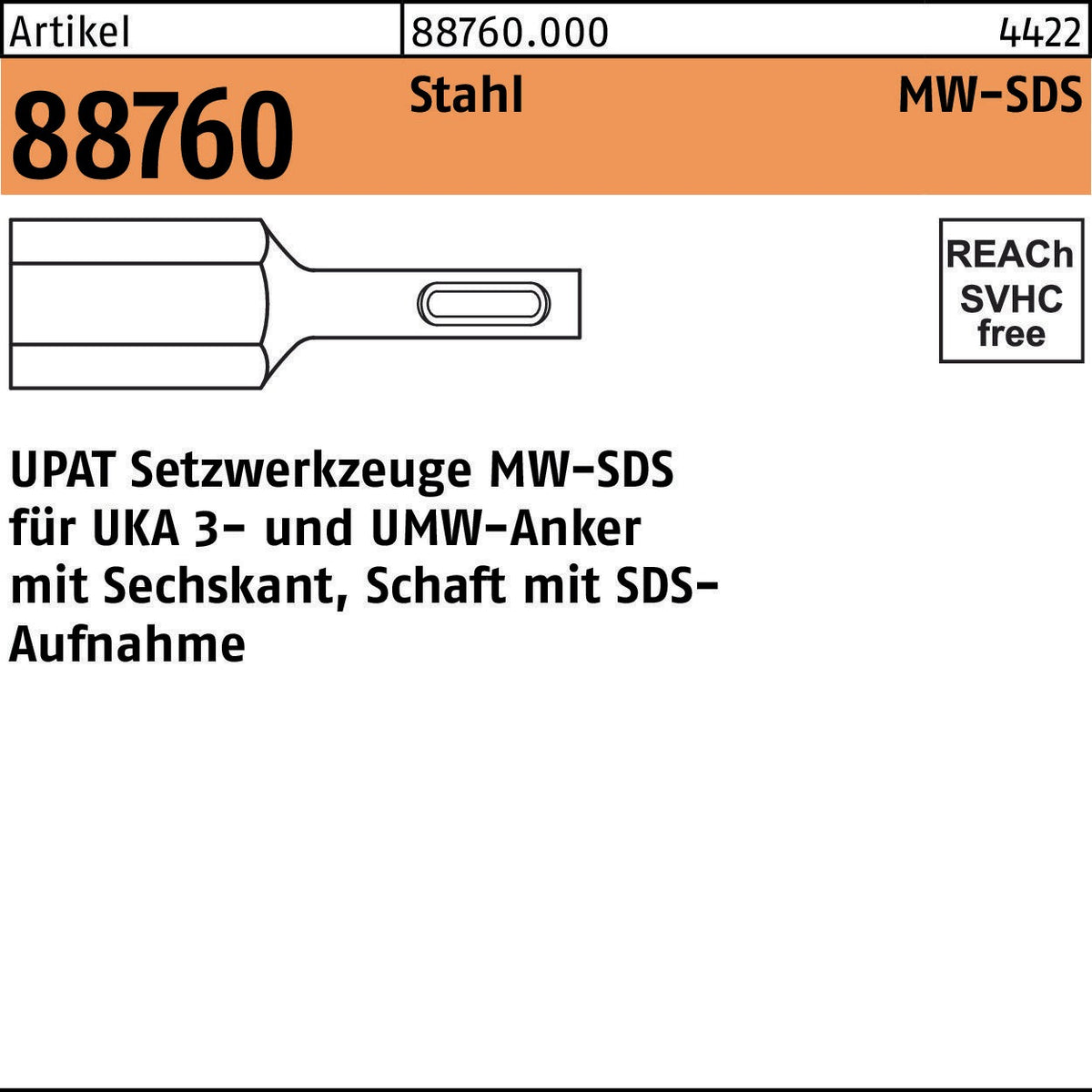 UPAT Setzwerkzeug R 88760 MW-SDS M8-M16 Stahl für UKA 3- und UMW-Anker