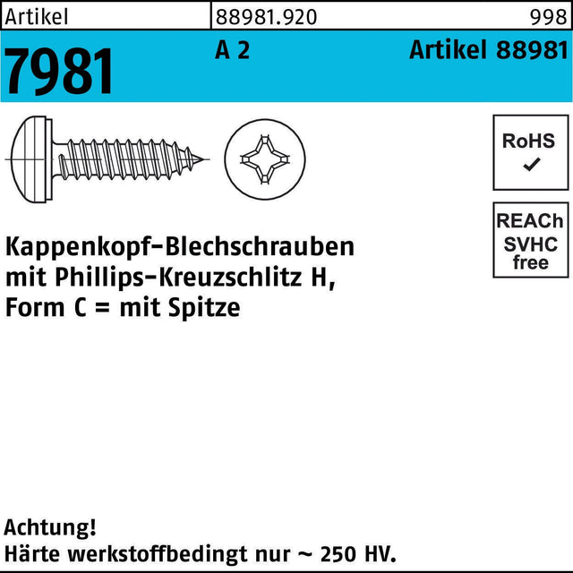 REYHER Kappenkopf-Blechschrauben 3,9 x 9,5 mm A2 mit Phillips-Kreuzschlitz – 1000 Stück
