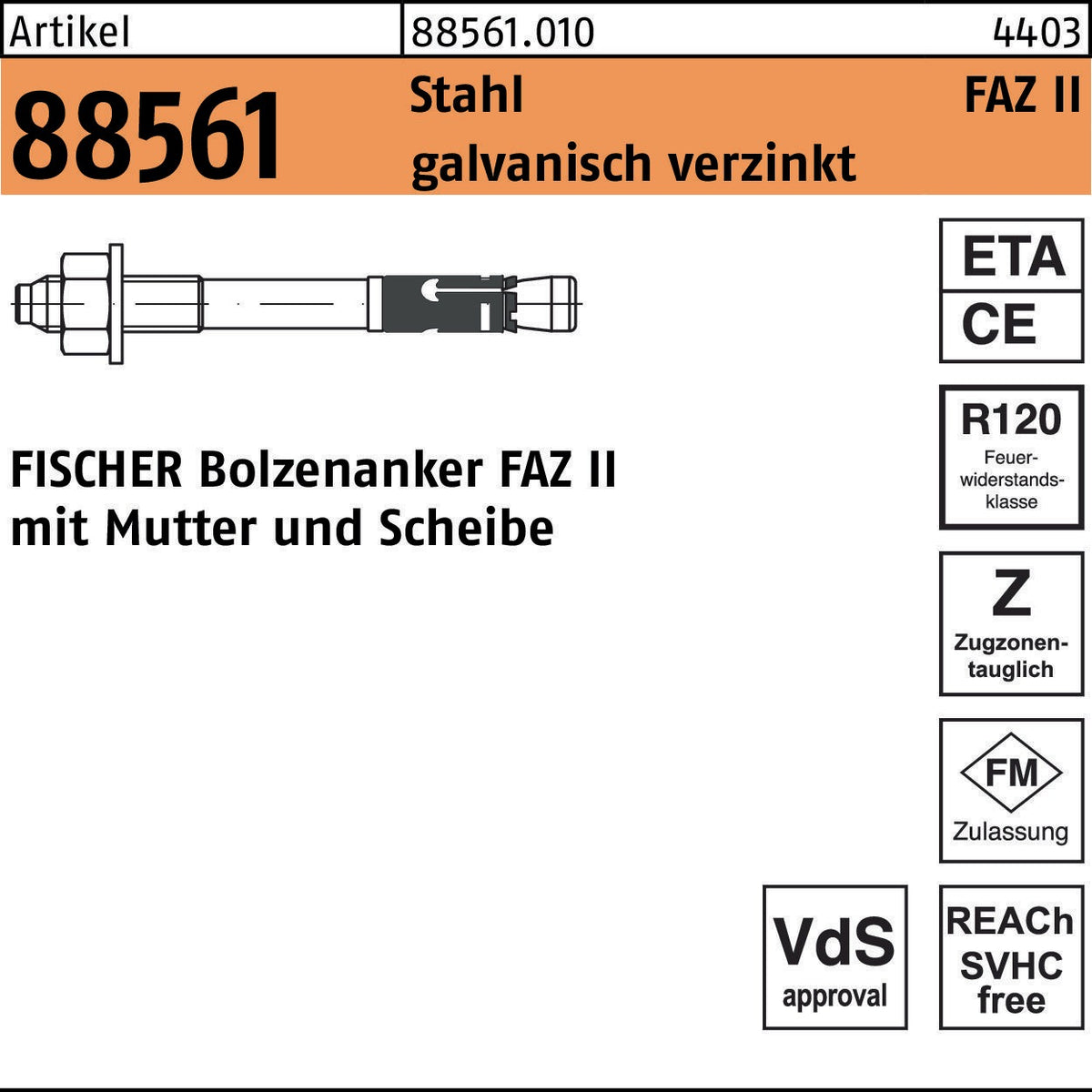 FISCHER Bolzenanker FAZ II 8/10 Stahl galvanisch verzinkt