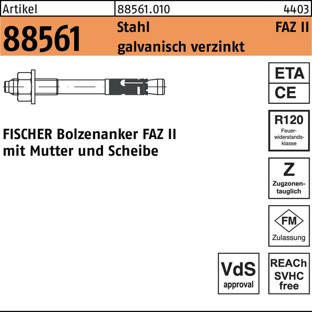 FISCHER Bolzenanker FAZ II 8/10 Stahl galvanisch verzinkt