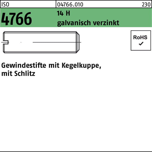 F. REYHER Gewindestift ISO 4766 M12x60 mit Kegelkuppe und Schlitz, galvanisch verzinkt
