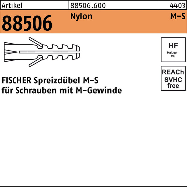 FISCHER Spreizdübel M-S M6 S/40 Nylon – 100 Stück für M-Gewindeschrauben