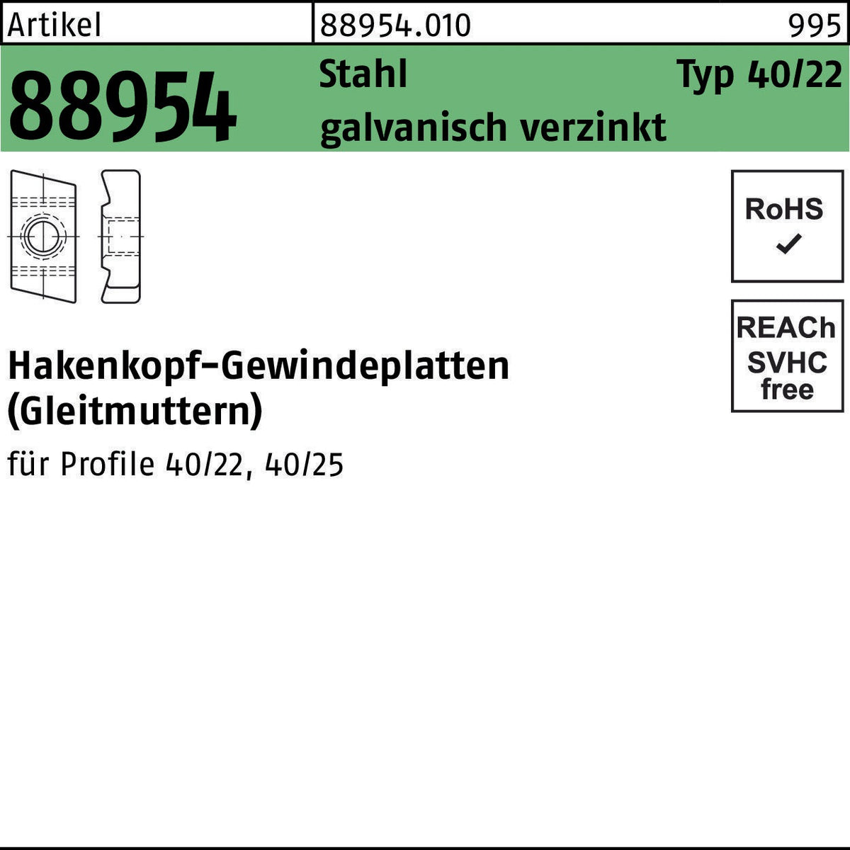 REYHER Hakenkopfgewindeplatte R 88954 Typ 40/22 M5 Stahl galvanisch verzinkt