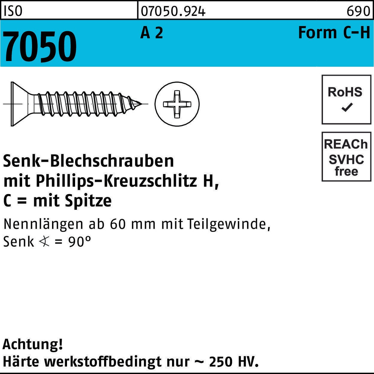 F. REYHER Senk-Blechschrauben ISO 7050 A2 4,2 x 60 mm mit Phillips-Kreuzschlitz H – 250 Stück