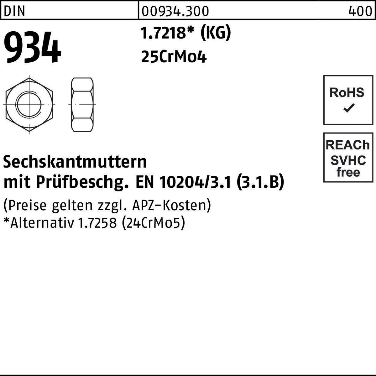 Sechskantmutter DIN 934 M 10 25CrMo4 von F. REYHER – 100 Stück mit 3.1 Prüfbescheinigung