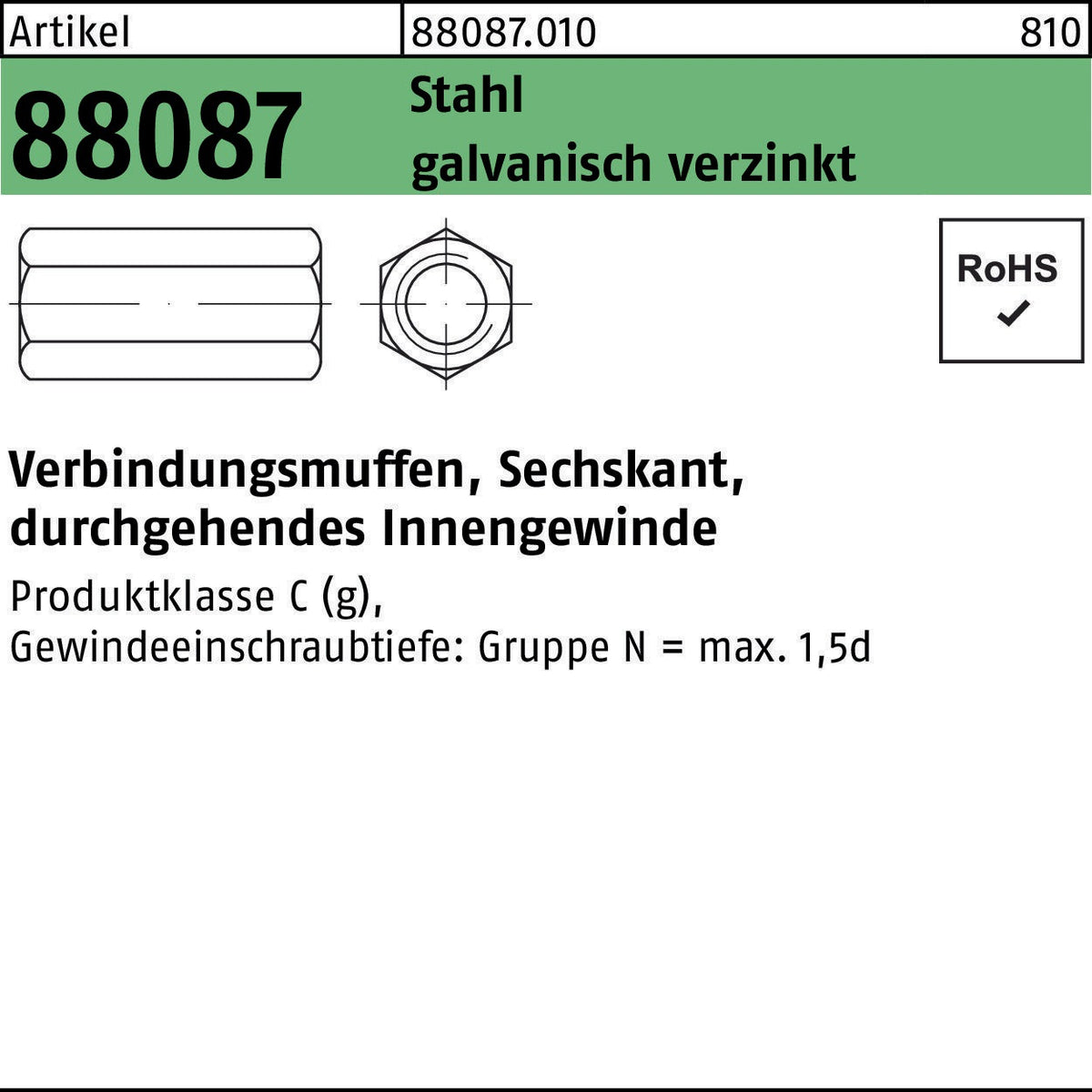 F. REYHER Sechskantverbindungsmuffe R 88087 M12x40 SW19 Stahl verzinkt 50 Stück