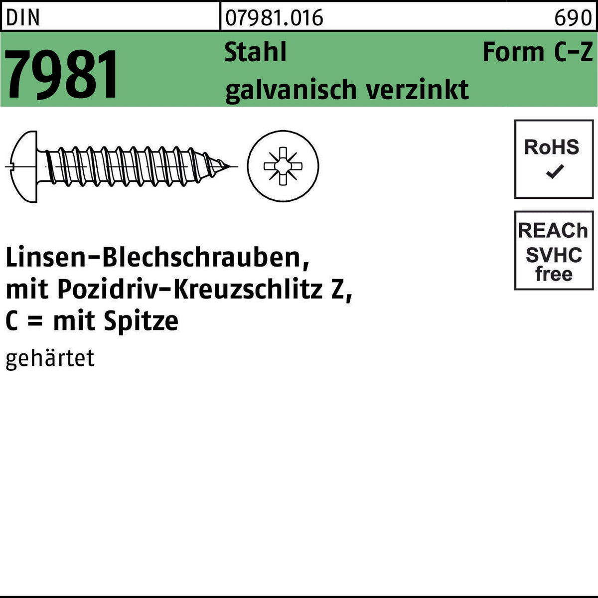 Linsen-Blechschrauben DIN 7981 von REYHER, Pozidriv PZ, Stahl galvanisch verzinkt, 2,2 x 4,5 mm, Form C mit Spitze