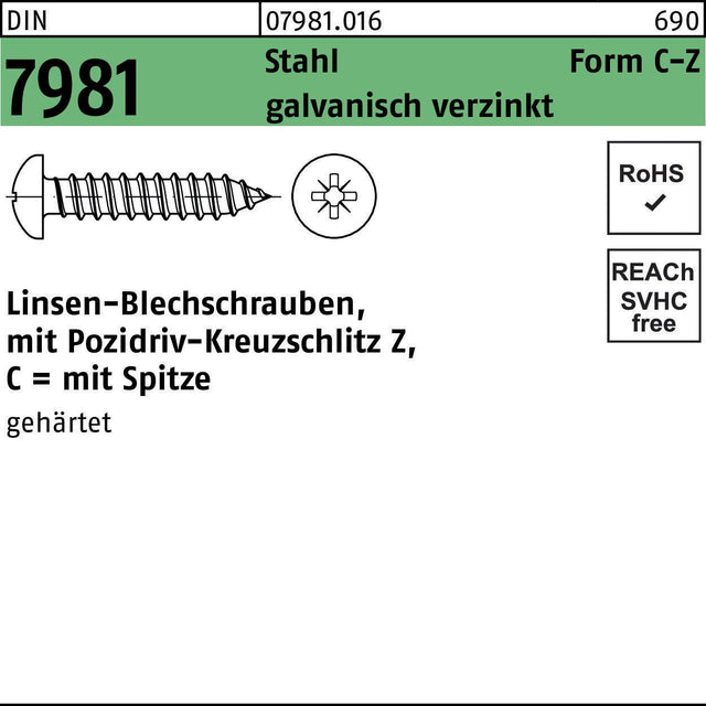 Linsen-Blechschrauben DIN 7981 von REYHER, Pozidriv PZ, Stahl galvanisch verzinkt, 2,2 x 4,5 mm, Form C mit Spitze