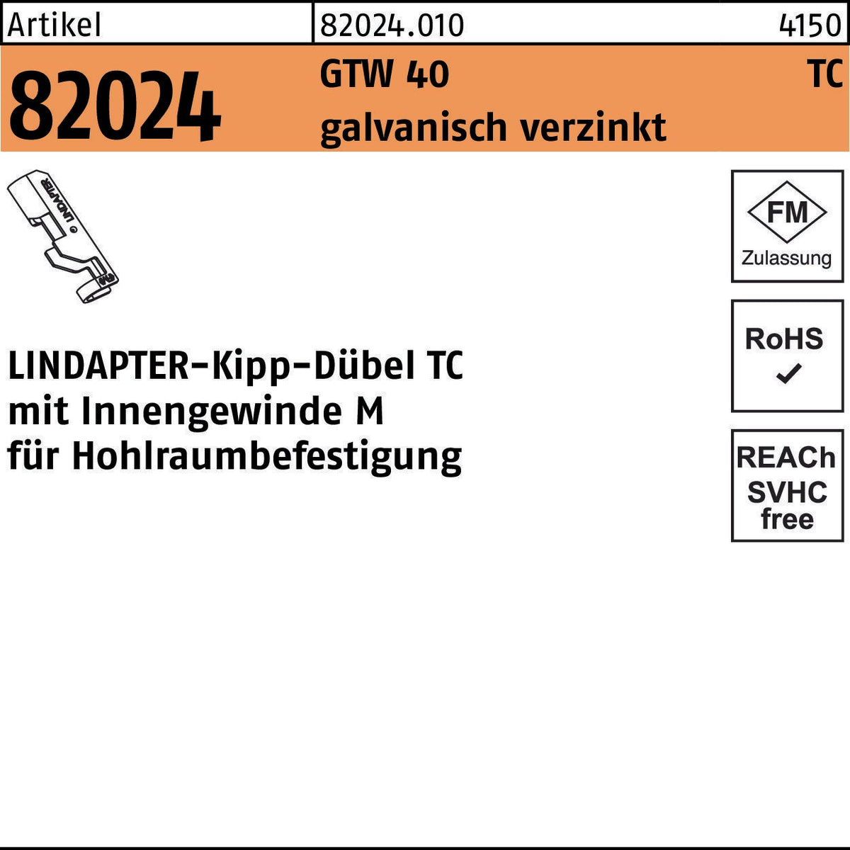 LINDAPTER Kippdübel R 82024 GTW 40 TC M8 galvanisch verzinkt für Hohlraumbefestigung