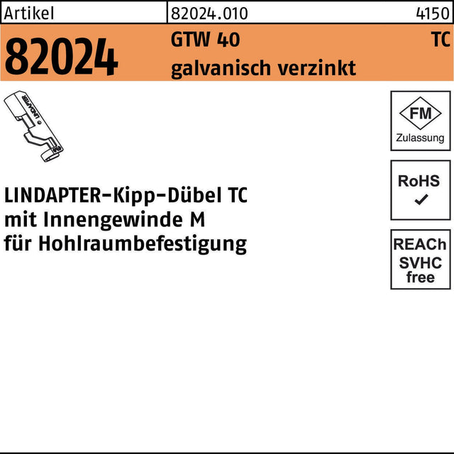 LINDAPTER Kippdübel R 82024 GTW 40 TC M8 galvanisch verzinkt für Hohlraumbefestigung