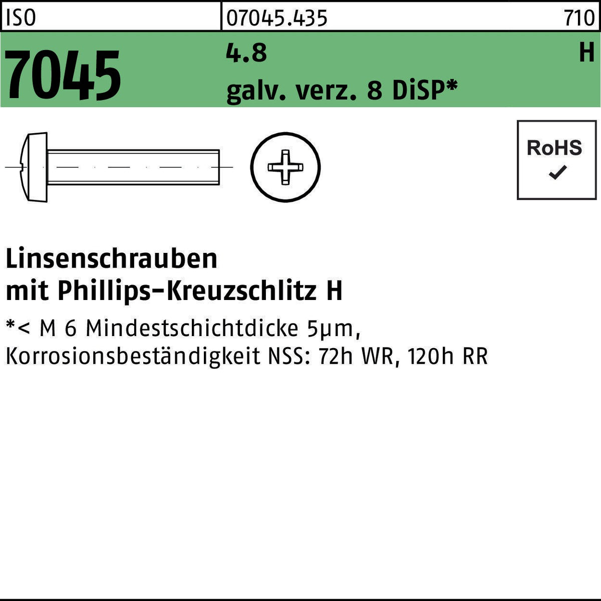 F. REYHER Flachkopfschraube ISO 7045 PH M3x6-H 4.8 galv. verz. 8 DiSP – 2000 Stk.