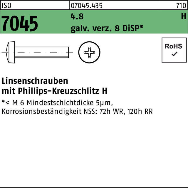 F. REYHER Flachkopfschraube ISO 7045 PH M3x6-H 4.8 galv. verz. 8 DiSP – 2000 Stk.