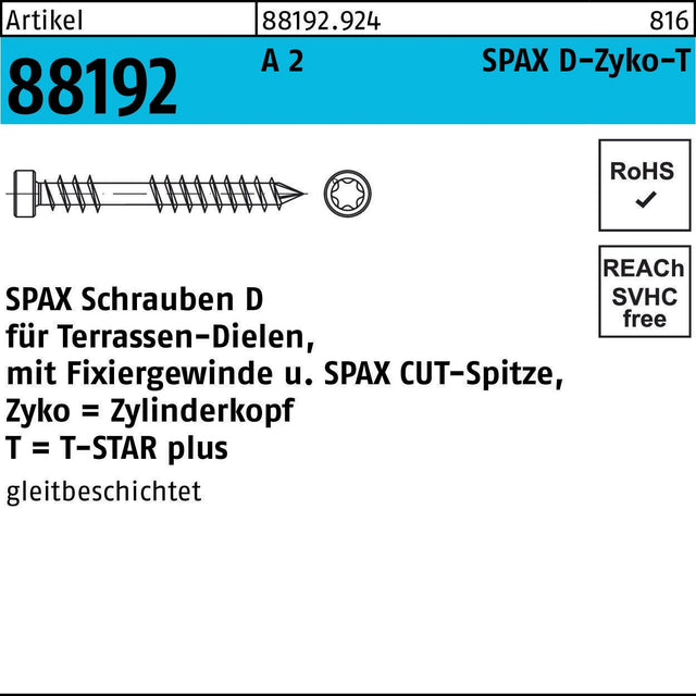 SPAX Holzbauschraube R 88192 Zylinderkopf T-STAR 5x40/22 T25 A2 CUT-Spitze 200 Stück